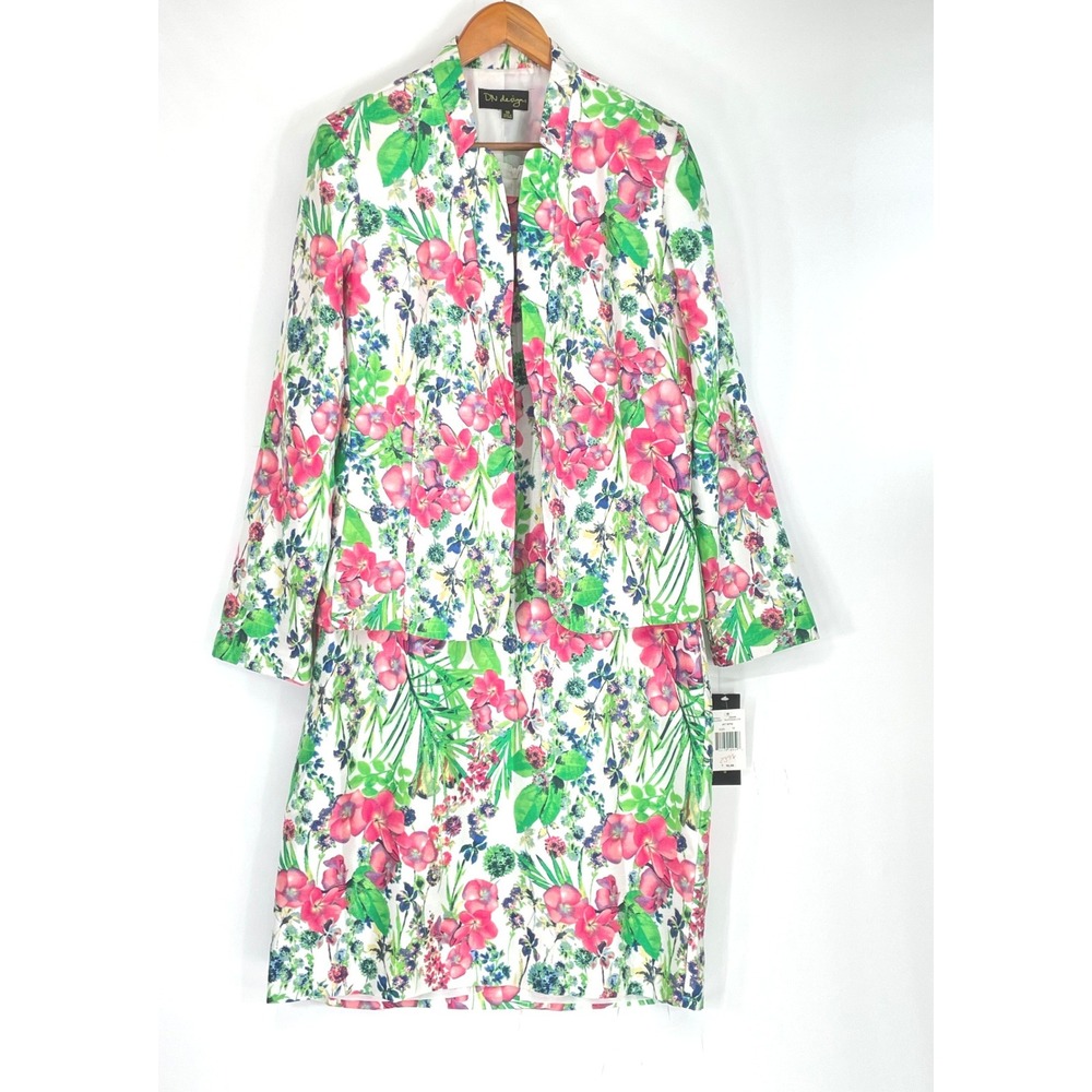 NWT DN Design Womens Dress Suit Size 16 2-Piece Floral Jacket Sheath White Pink